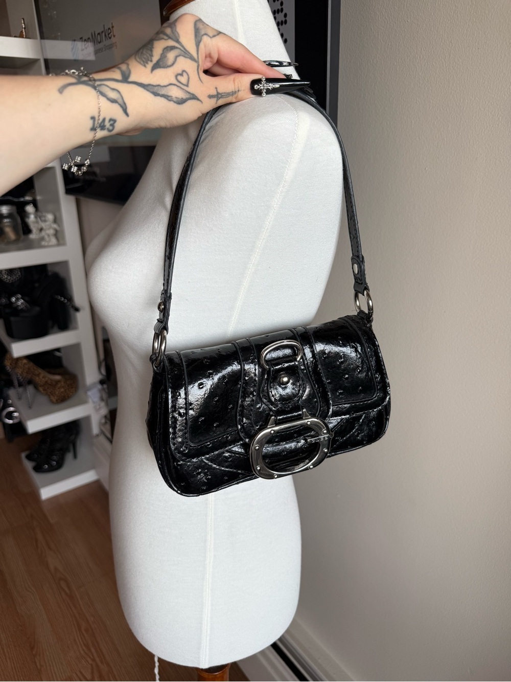 Guess Vintage Black Patent Shoulder Bag with Silver Buckle